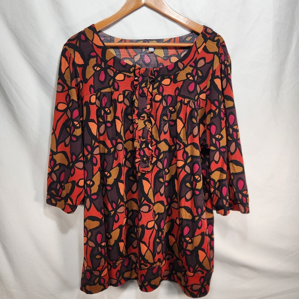 NY Collection Womens Blouse Top Size 2X Ruffle Front Geometric Brown Multicolor